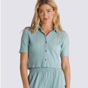 Vans Ambrosy Cropped Pleated Blue Green Women's Top Button Up Shirt Large